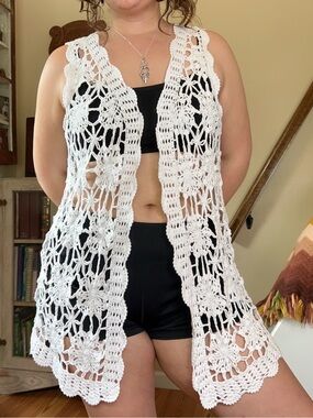 White Crochet Lace Vest Sleeveless Open Front Cardigan Boho Festival Coverup 2X
